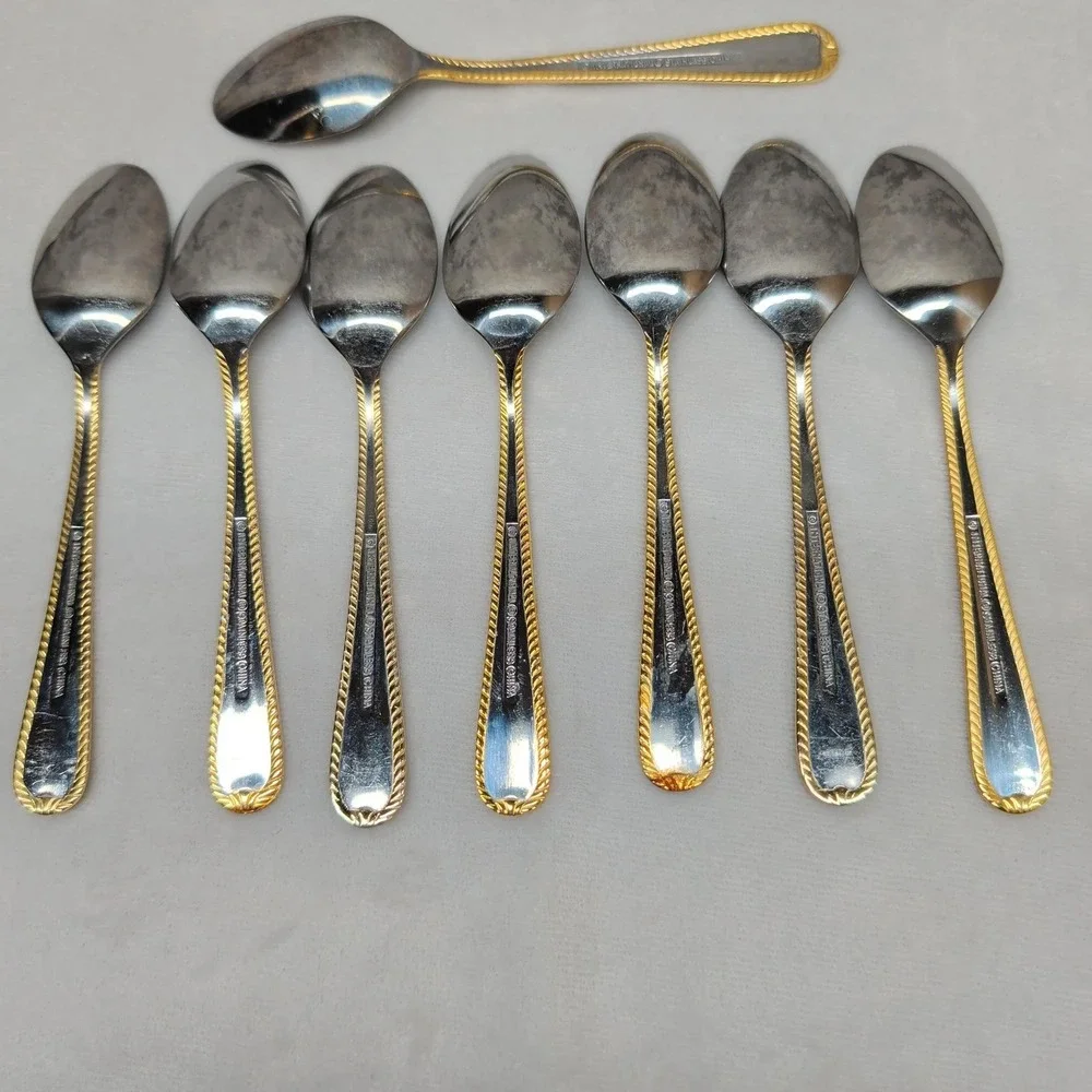 International Stainless China Teaspoons 8 Piece Set Rope Edge Gold Trim 6.25in